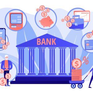 Finance services. Financial transaction. E-commerce and e-payment. Banking operations, main banking processing, easy banking services concept. Pink coral blue vector isolated illustration